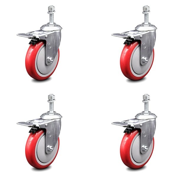 Service Caster 5 Inch Red Polyurethane Swivel 10mm Stem Caster Set with Total Lock Brake SCC-TSTTL20S514-PPUB-RED-M1015-4 - main